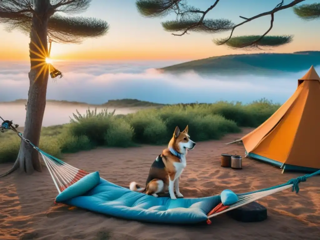 Un campamento en Uruguay al atardecer con una tienda, un perro y accesorios de camping, transmitiendo tranquilidad y aventura