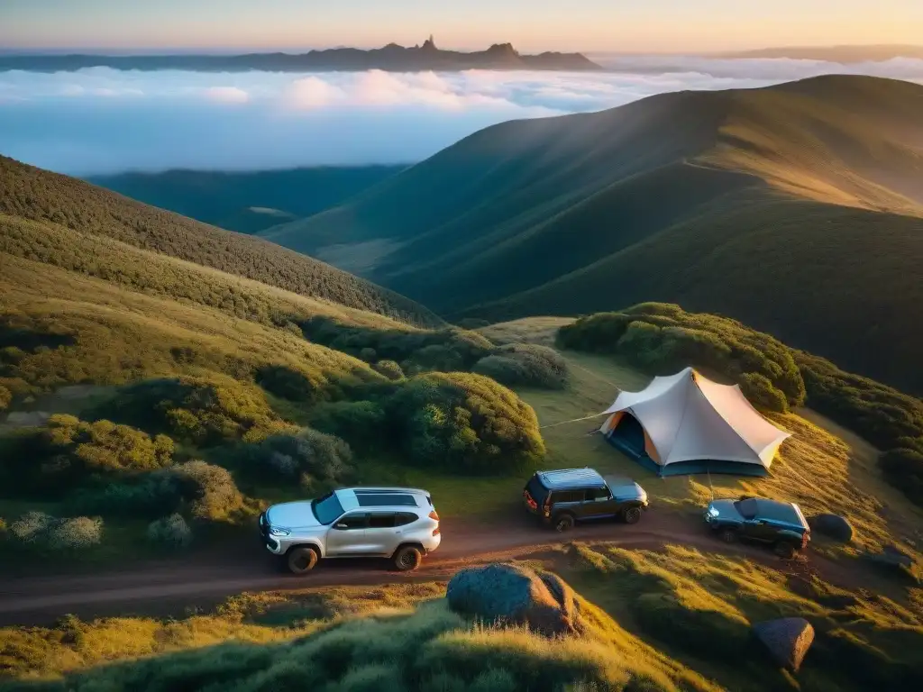 Campamento en montaña uruguaya al atardecer con vehículos y tiendas de techo