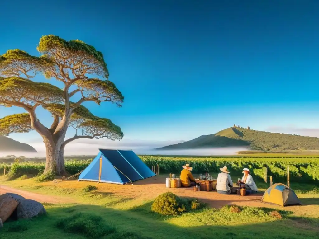 Un campamento ecológico en Uruguay con viajeros responsables disfrutando de actividades sostenibles bajo el sol