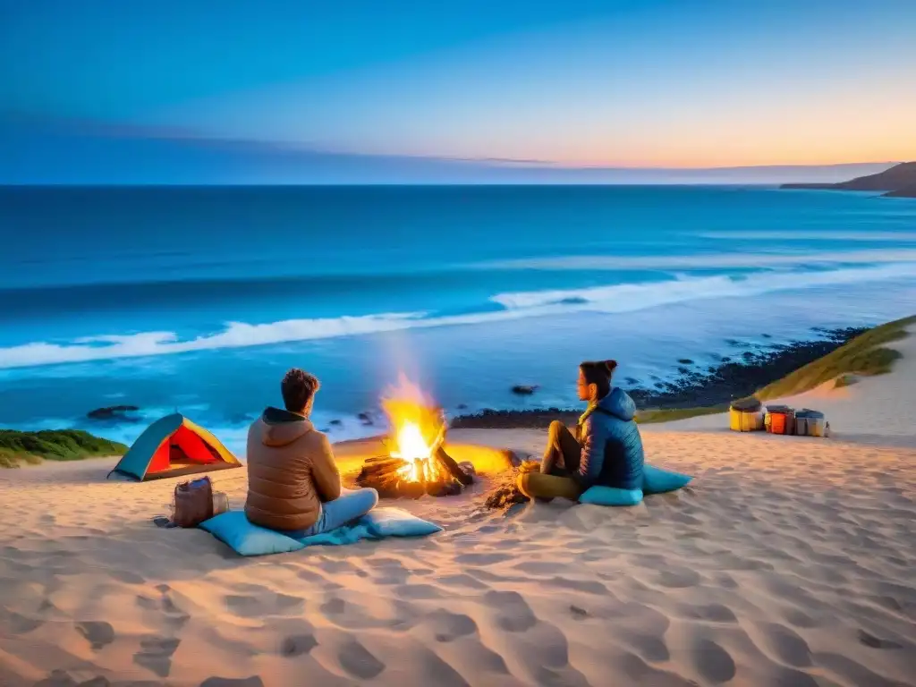 Un campamento idílico en la costa de Uruguay con coloridas carpas en la playa dorada al atardecer, campistas alrededor de la fogata