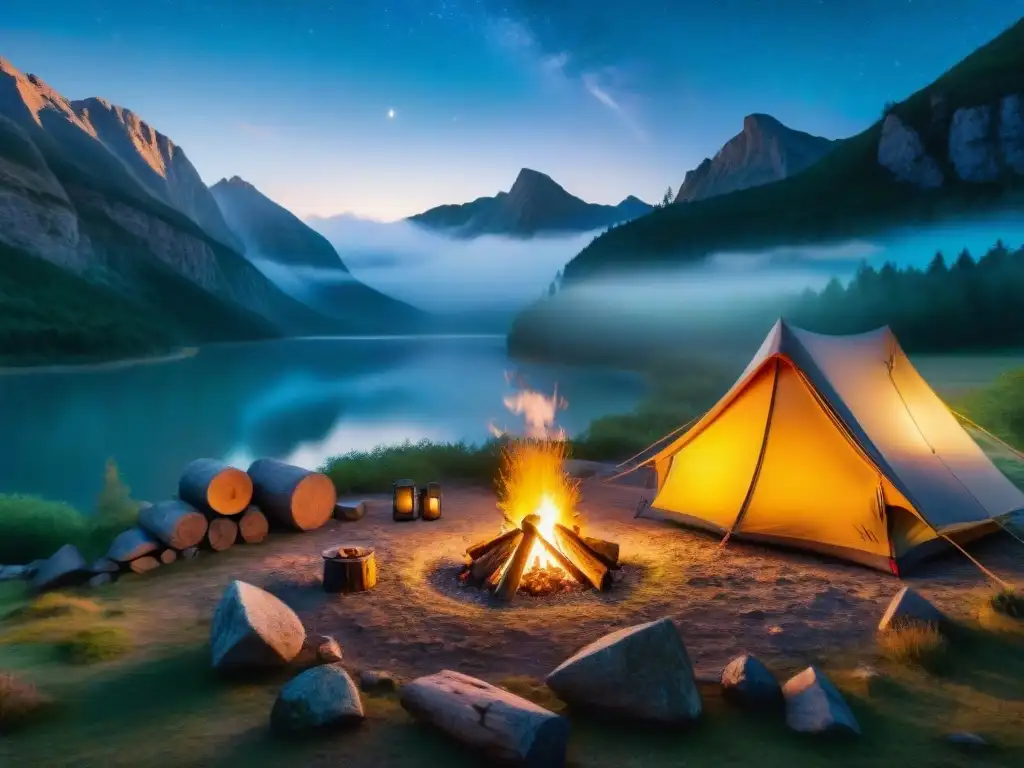 Campamento nocturno bajo las estrellas con fogata cálida y tienda acogedora