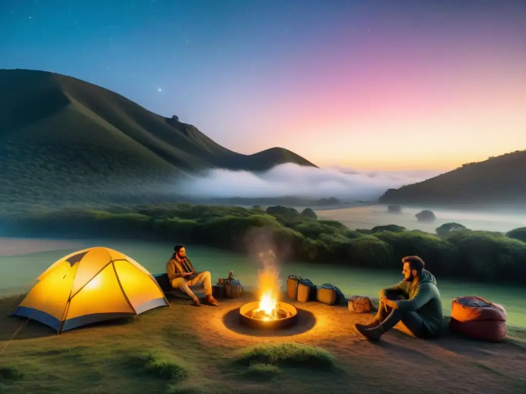 Un campamento pintoresco en Uruguay, con una carpa iluminada y amigos alrededor de la fogata bajo las estrellas