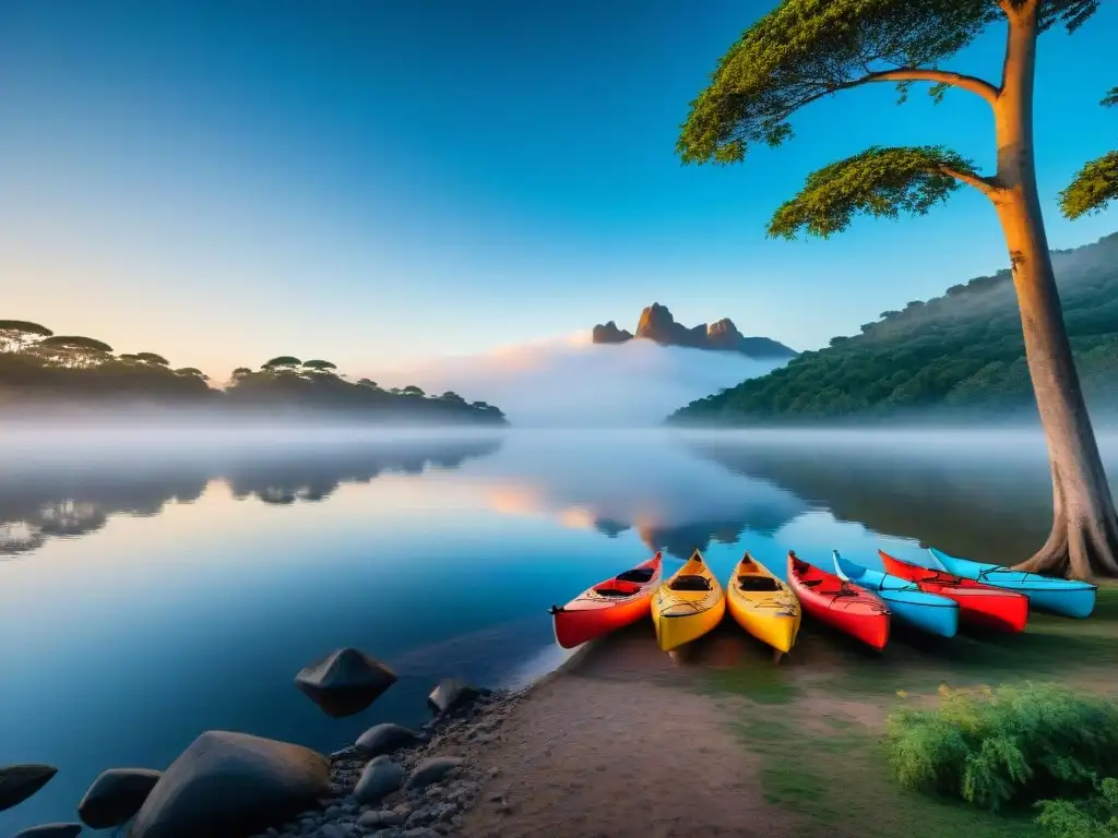 Un campamento sereno a orillas del Río Negro en Uruguay, con kayaks multicolores bajo árboles altos