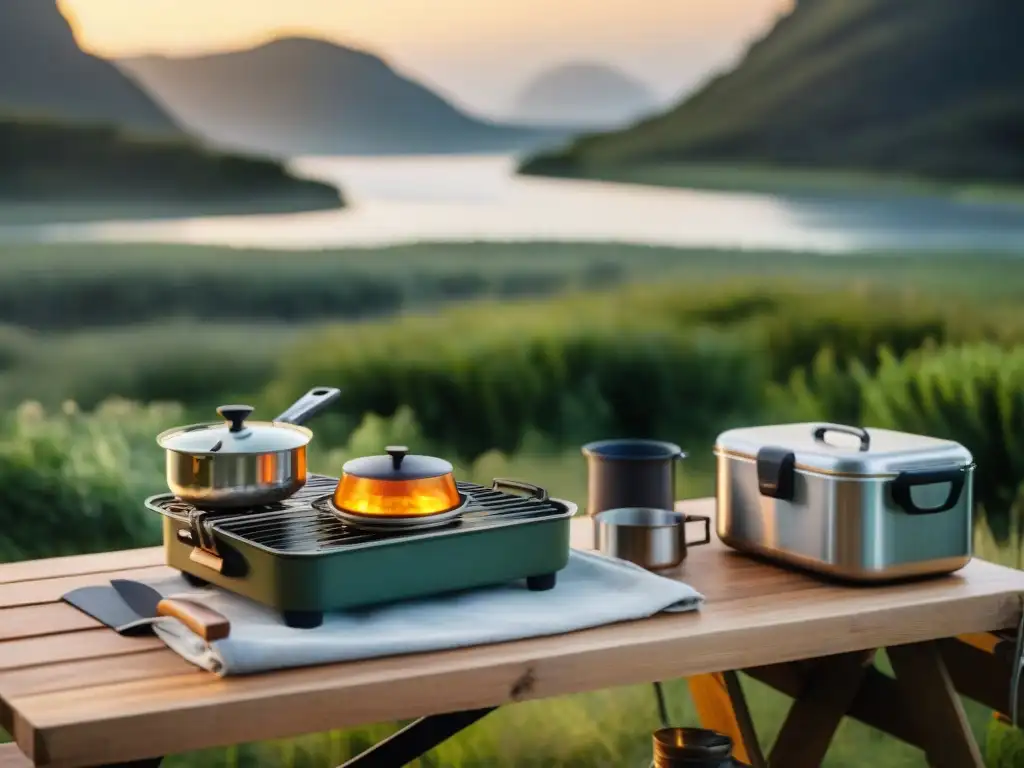 Un campamento sereno en Uruguay con un sistema de cocina portátil en una mesa de picnic de madera, utensilios y una olla en una estufa de gas