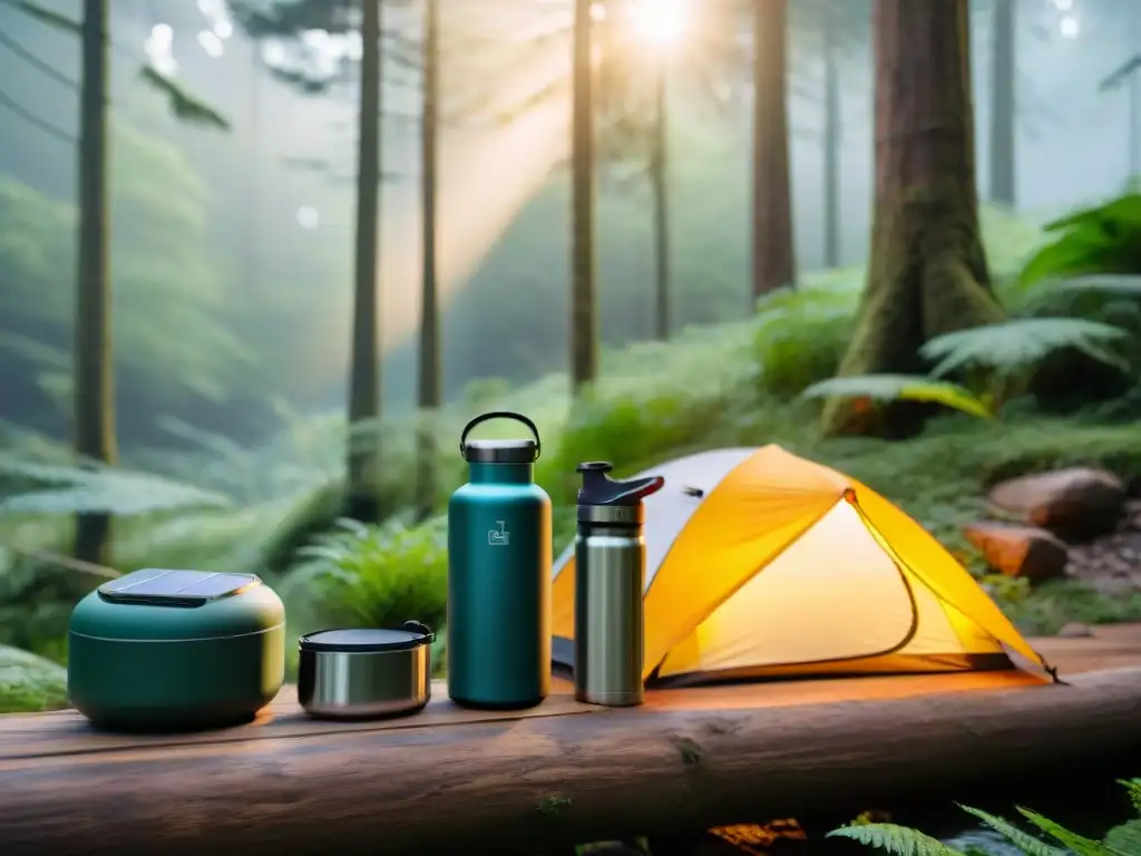 Un campamento sostenible en un bosque con accesorios ecofriendly como linternas solares, botellas reutilizables y utensilios biodegradables