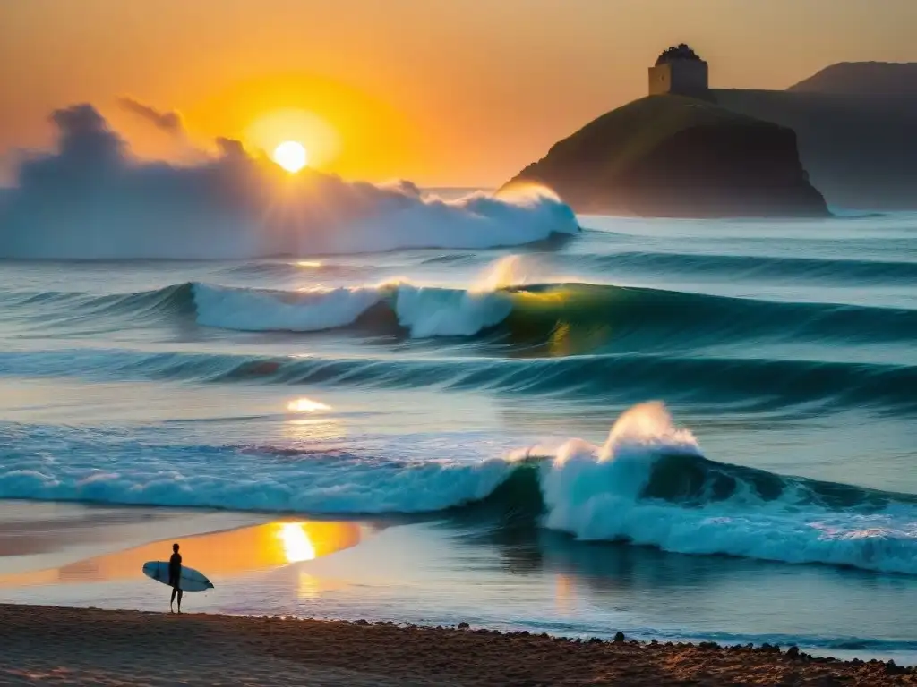 Campeonatos de surf Uruguay 2023: Surfistas surfeando olas al atardecer en un spot popular de Uruguay, con colores vibrantes en el cielo y el agua