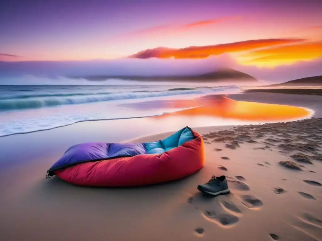 Un camper solitario preparando su saco de dormir en Laguna Garzón, Uruguay, bajo un hermoso atardecer rojo y naranja