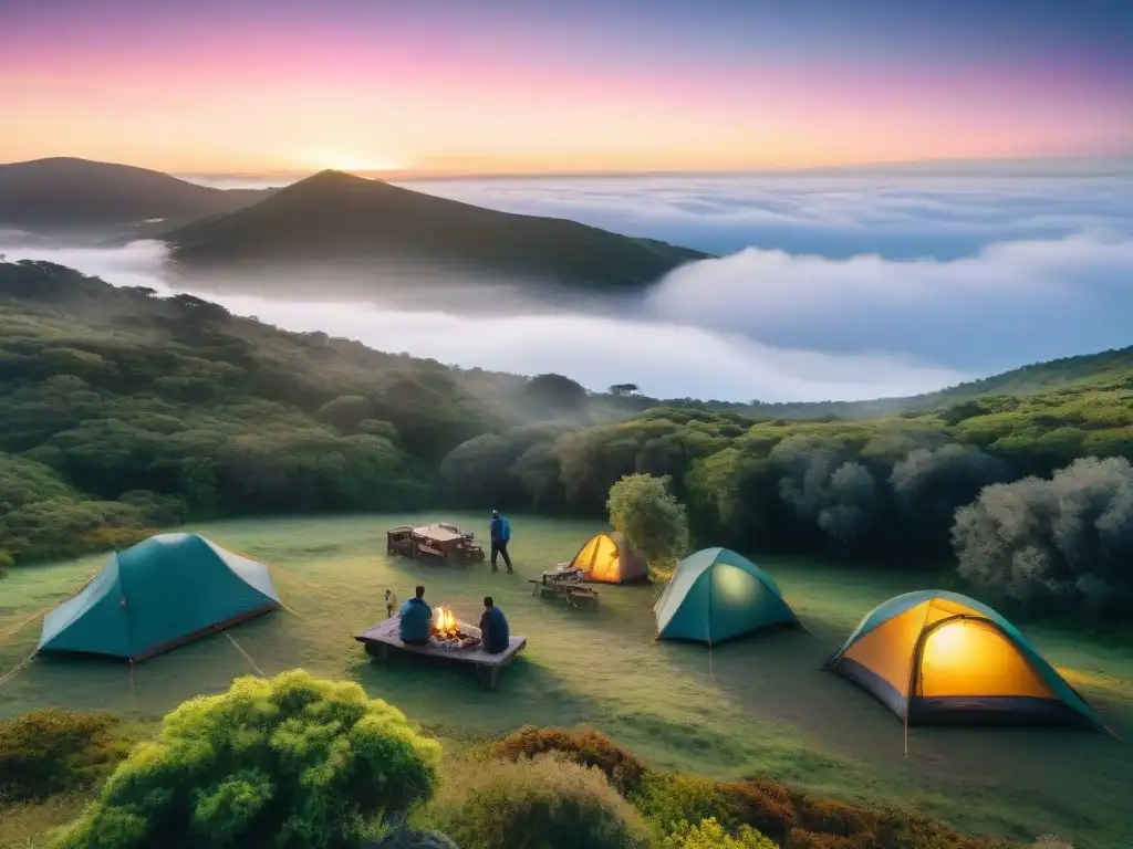 Camping mágico al atardecer en Uruguay, con fogata y tiendas de campaña bajo un cielo estrellado