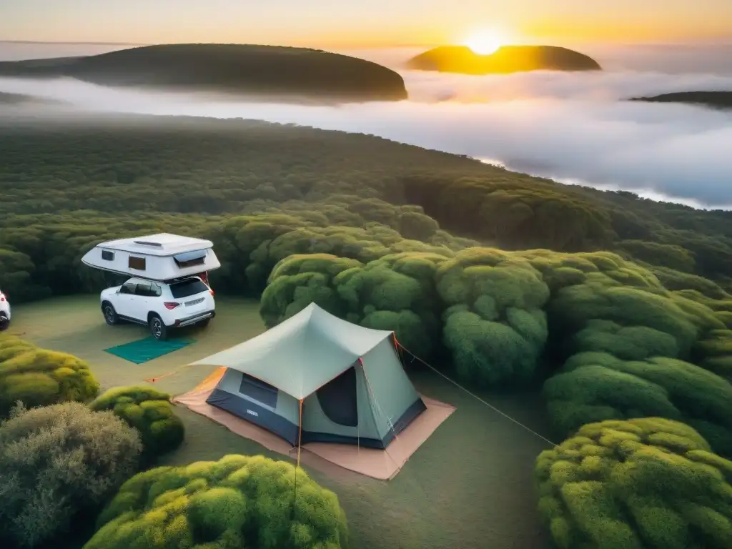 Explora el camping en Uruguay con las mejores tiendas de techo, bajo un atardecer vibrante y un paisaje sereno