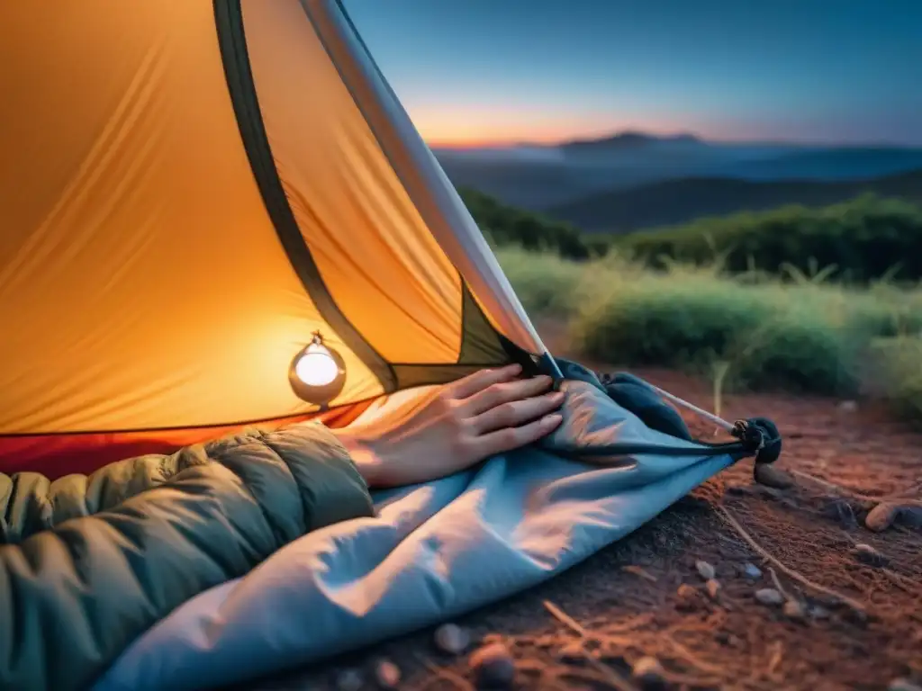 Un campista montando la tienda al atardecer en Uruguay, destacando la preparación meticulosa y la conexión con la naturaleza