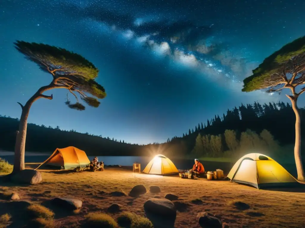 Campistas con lámparas de cabeza arman tiendas en bosque uruguayo de noche, bajo cielo estrellado y fogata