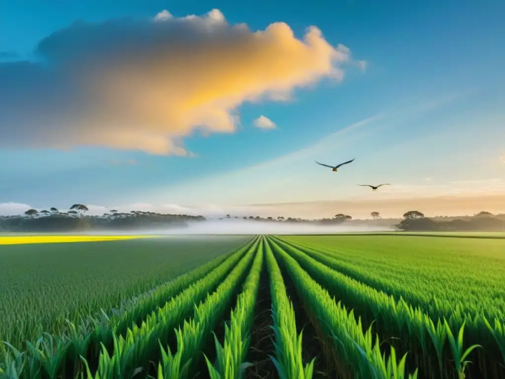 Un campo de arroz verde vibrante en Uruguay con aves nativas entre los cultivos