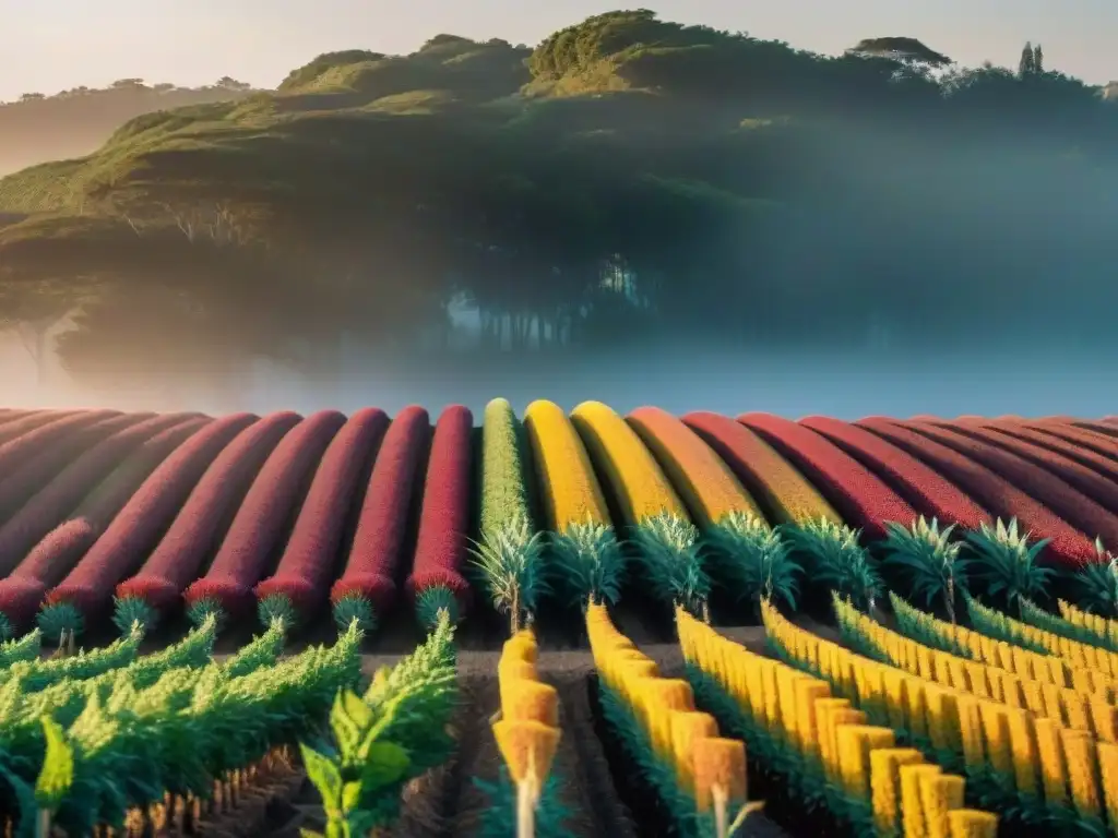 Campo de quinoa colorida en Uruguay con agricultores locales cosechando cultivos autóctonos agroturismo Uruguay