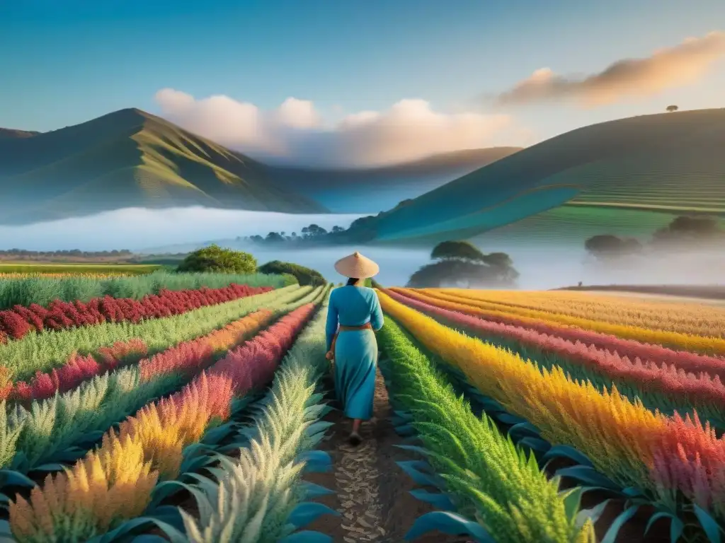 Un campo de quinoa colorido en Uruguay, con un agricultor en traje tradicional cuidando los cultivos autóctonos agroturismo Uruguay