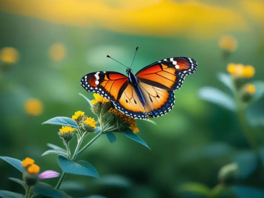 Un campo de flores salvajes vibrantes en Uruguay, con coloridas mariposas de diversas especies y tamaños revoloteando