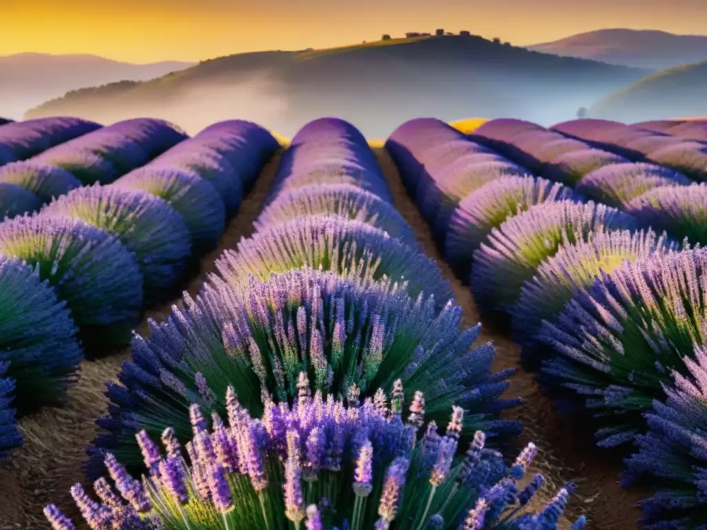 Un campo de lavanda uruguaya al atardecer, con abejas recolectando néctar