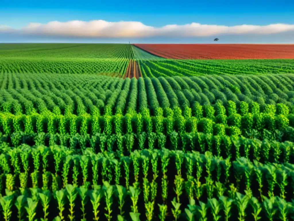 Un campo de soja verde vibrante en Uruguay, con aves nativas entre los cultivos