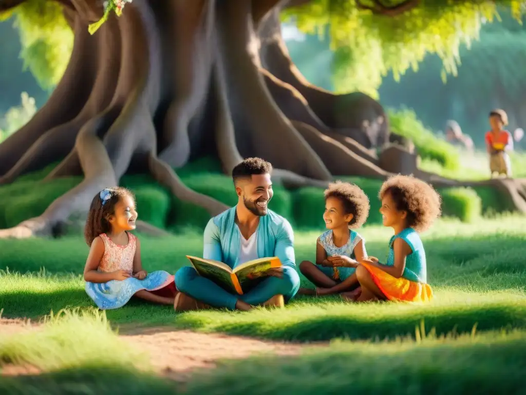 En un campo verde, niños sonrientes escuchan cuentos de un narrador con un libro pop-up ilustrado