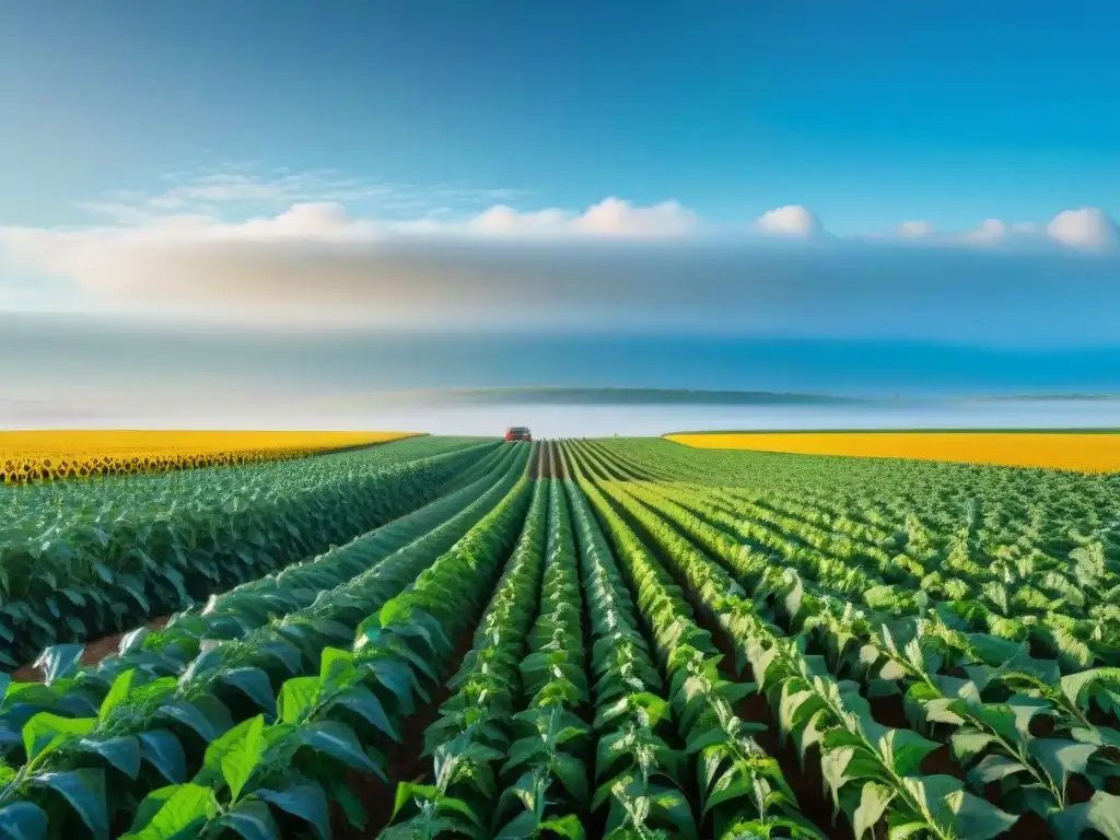 Campo verde en Uruguay con agricultura sostenible: cultivos diversos, granja colaborativa y cielo azul