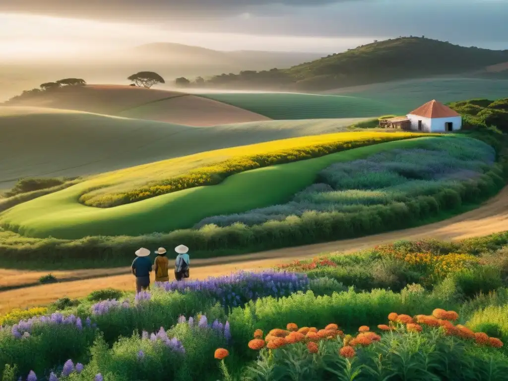 Un campo verde en Uruguay con turistas explorando la flora, guiados por un local