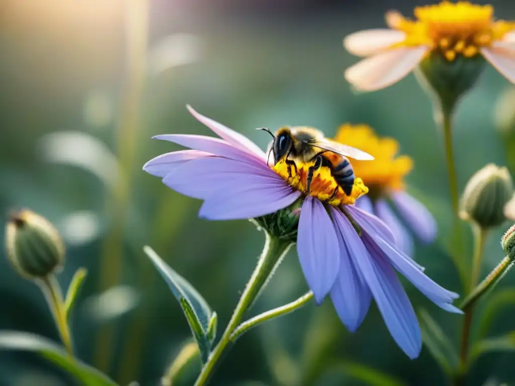 Campo vibrante de flores silvestres en Uruguay: abejas polinizando, luz y sombra