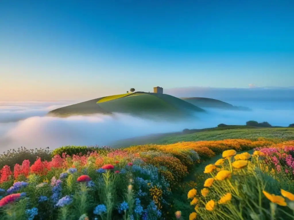 Un campo vibrante y exuberante de flores silvestres multicolores se extiende hacia el horizonte bajo un cielo azul en Uruguay, mostrando la diversidad y belleza de los paisajes florales del país