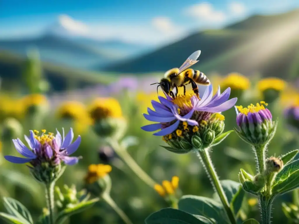 Un campo vibrante de flores silvestres moradas y amarillas con abejas recolectando polen