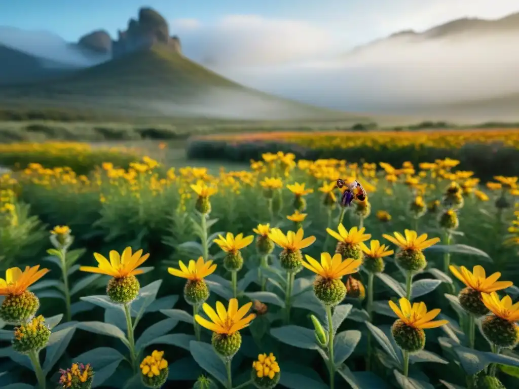 Un campo vibrante de flores nativas uruguayas con abejas polinizando