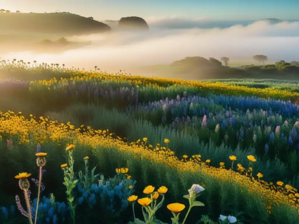 Un campo vibrante en Uruguay, lleno de flores silvestres coloridas, abejas recolectando néctar y polinizando