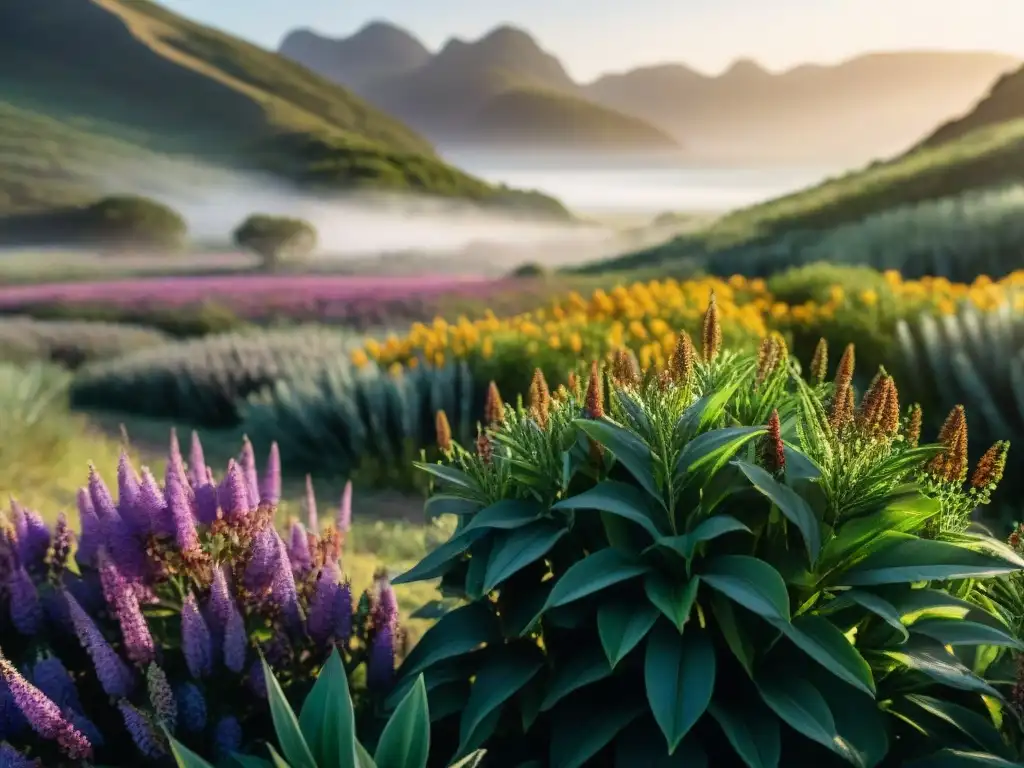 Un campo vibrante en Uruguay muestra la rica flora nativa con detalle, invitando a protegerla