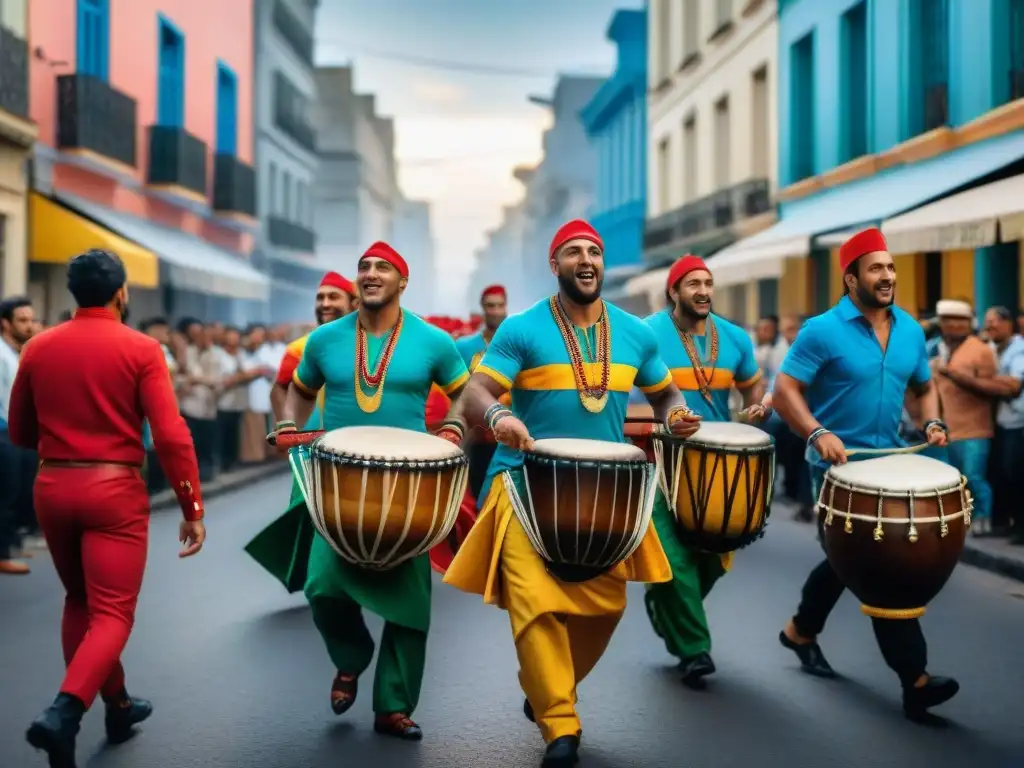 Fotografía cultura uruguaya captura esencia: Desfile callejero en Montevideo con tambores candombe y baile animado