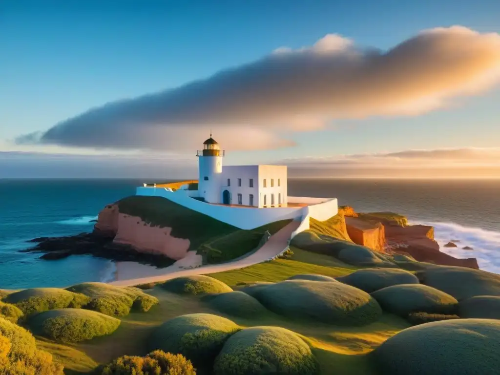 Captura única de Casapueblo en Punta Ballena, Uruguay, bañada por la cálida luz del atardecer y contrastando con el azul del mar