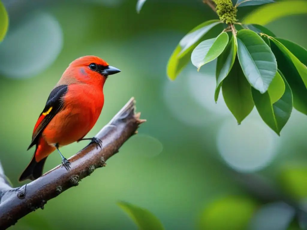 Un Cardenal Escarlata posado en una rama, con su plumaje rojo vibrante contrastando con las hojas verdes