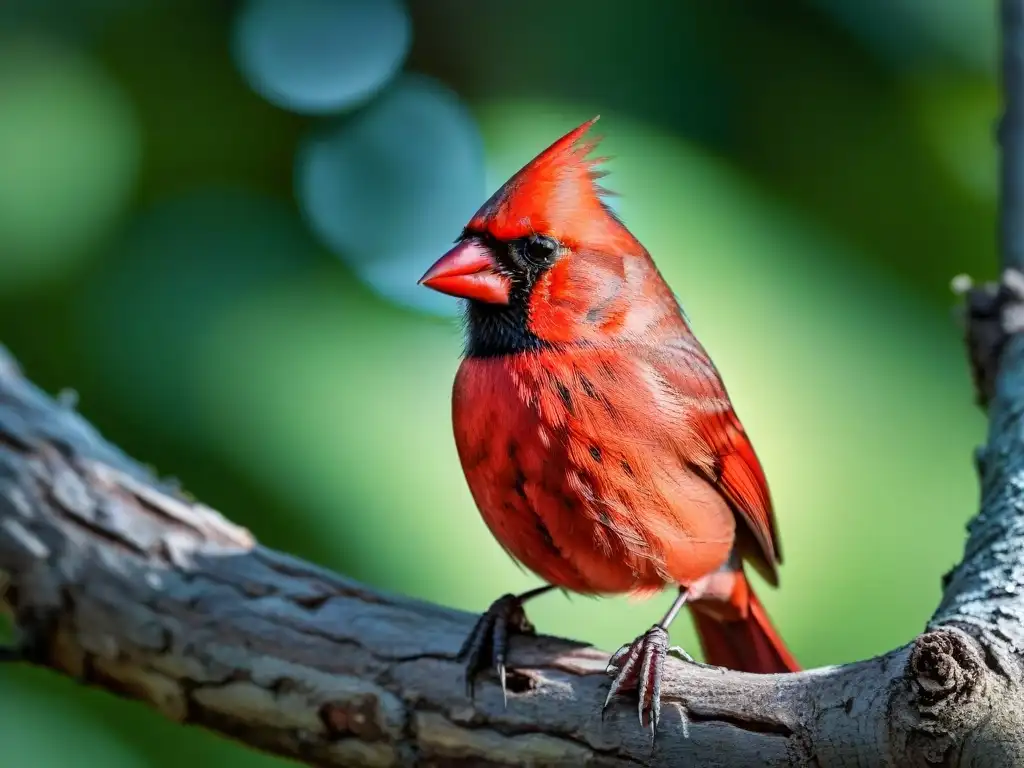 Cardenal rojo cantando en rama, detalle asombroso