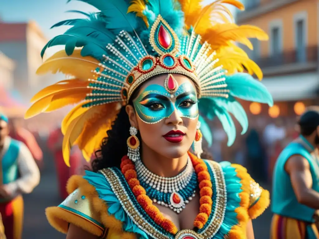 Fotografiando el carnaval uruguayo: despliegue de colores y energía en vibrante desfile de danzarines con trajes tradicionales