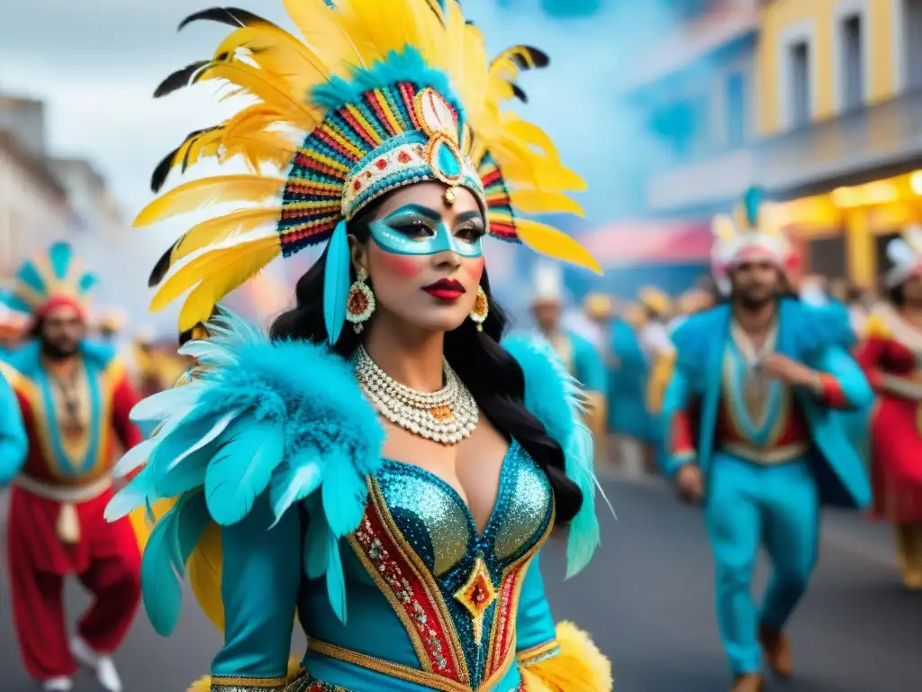 Fotografiando el carnaval uruguayo: vibrante desfile de danzarines con trajes coloridos y plumas, enérgicos y alegres