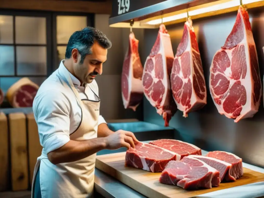 Un carnicero uruguayo selecciona cortes de carne para milanesas en una carnicería tradicional