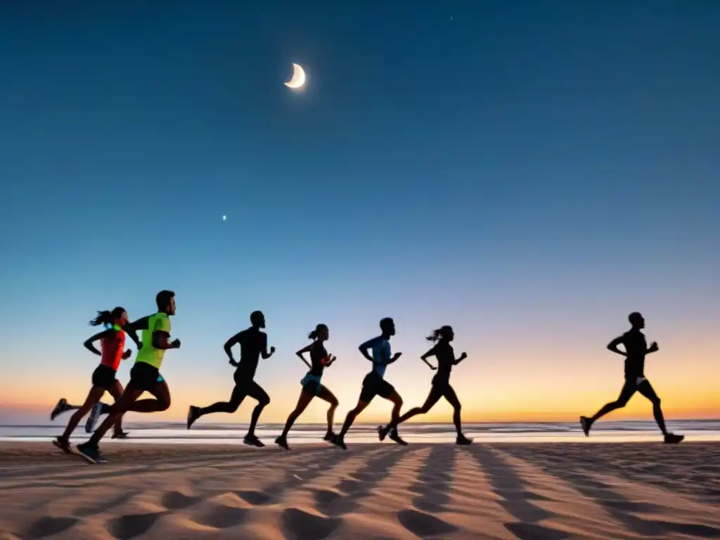 Carreras nocturnas únicas en Uruguay: Corredores silueteados bajo la luna en la playa, dejando huellas en la arena húmeda