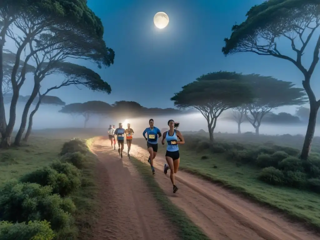 Carreras nocturnas únicas en Uruguay: corredores bajo la luz de la luna en un bosque sereno