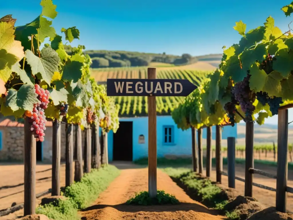 Un cartel rústico en la entrada de una viña en Uruguay, con viñedos vibrantes y letras desgastadas