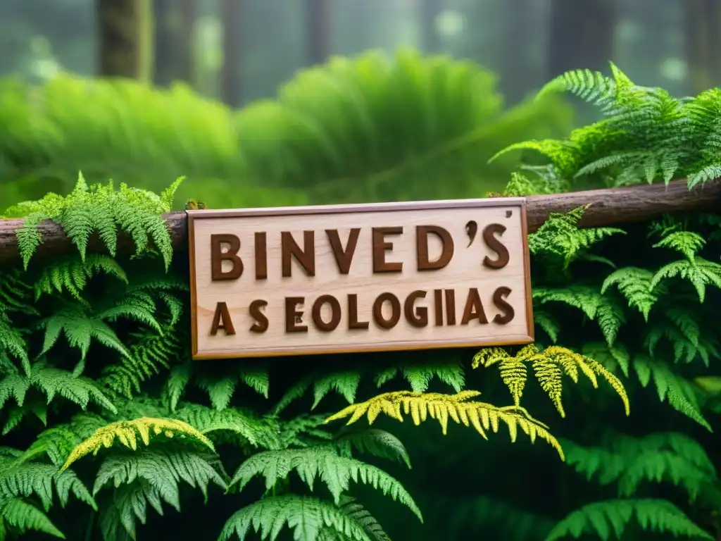 Cartel tallado a mano 'Bienvenidos a las Cabañas Ecológicas' entre helechos y flores silvestres en bosque de Uruguay