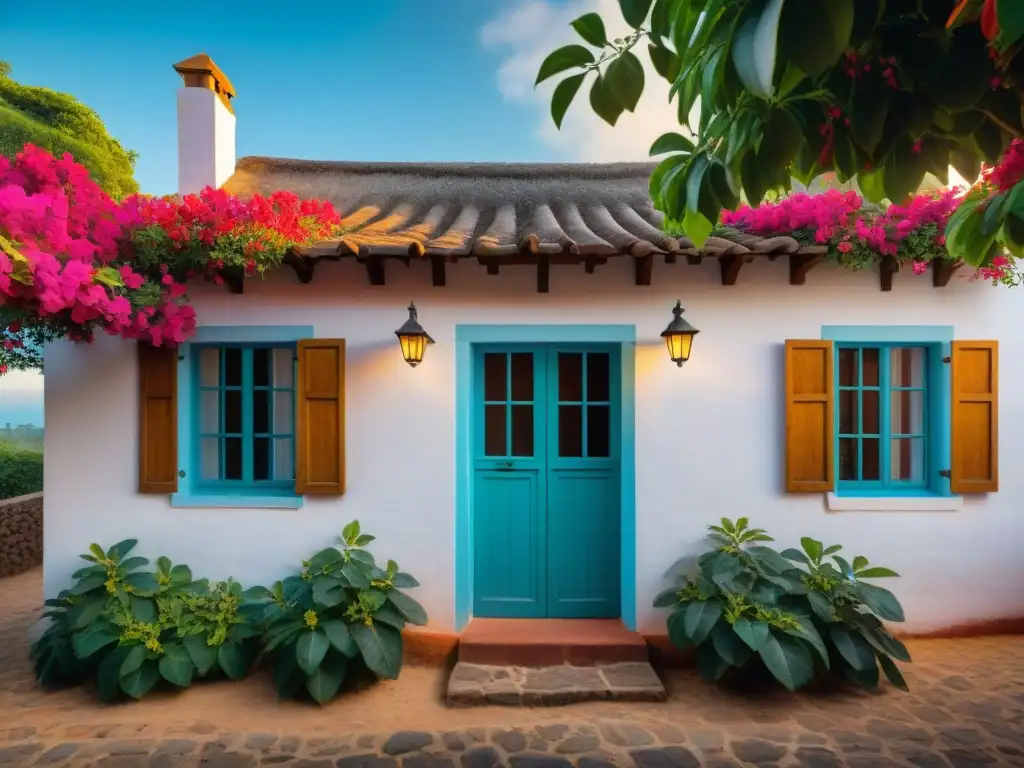 Fotografiando casas tradicionales en Uruguay: Detalle de una casa uruguaya tradicional con techo de tejas rojas, paredes blancas de adobe y buganvilias coloridas