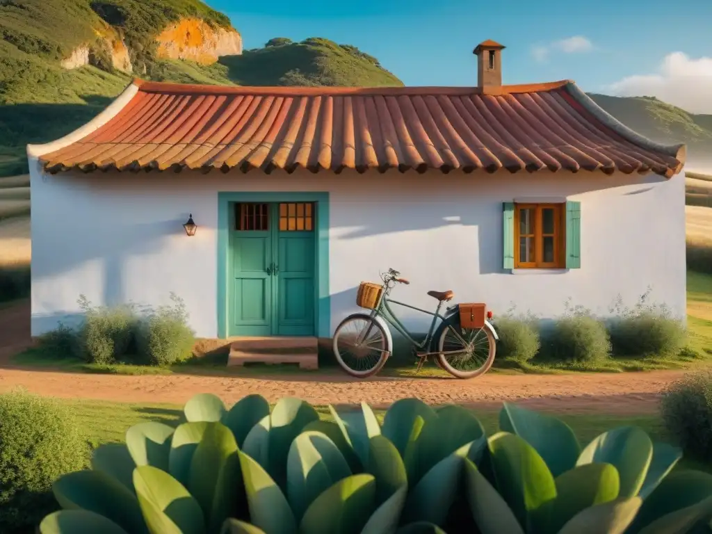 Fotografiando casas tradicionales en Uruguay: Detalle de casa uruguaya con encanto rústico, techo rojo y bicicleta vintage