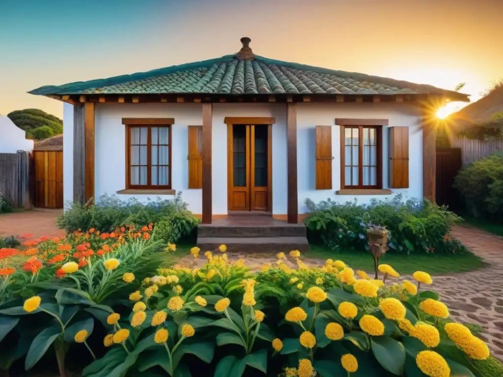 Fotografiando casas tradicionales en Uruguay: Hogar uruguayo al atardecer con luz dorada y jardín exuberante