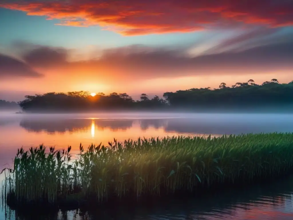 Un cautivador atardecer carmesí sobre las tranquilas aguas de Esteros de Farrapos, reflejando un paisaje cálido y místico