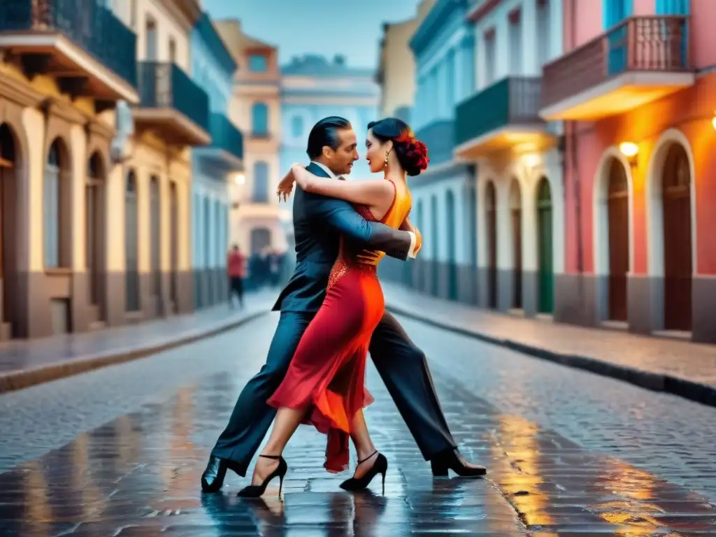 Una cautivadora imagen de bailarines de tango en las calles empedradas de Montevideo, Uruguay, resaltando la Historia del tango en Uruguay