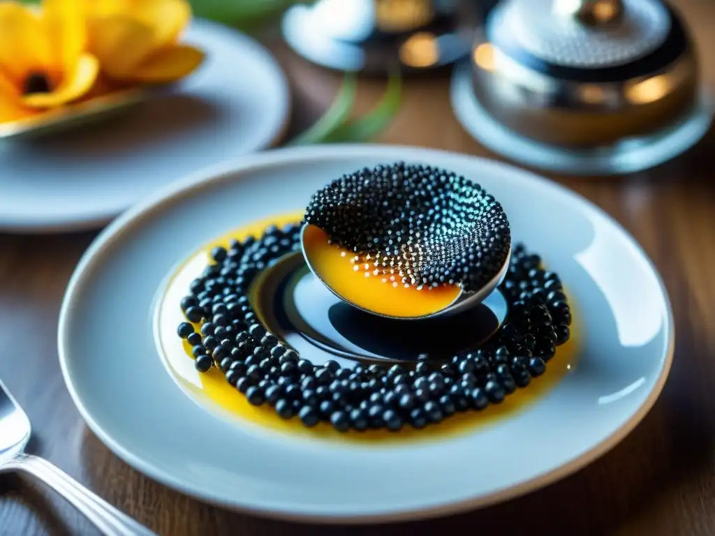 Caviar uruguayo: degustación gourmet exclusiva con cuchara de plata y mesa elegante