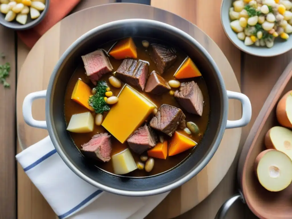 Una cazuela uruguaya tradicional con carne, calabaza, maíz, zanahorias y papas en un rico caldo, generando una atmósfera cálida y acogedora