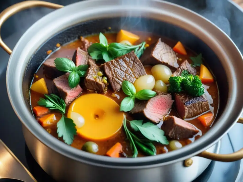 Una cazuela uruguaya tradicional en la estufa, con carne, vegetales y hierbas, evocando calidez y hogar