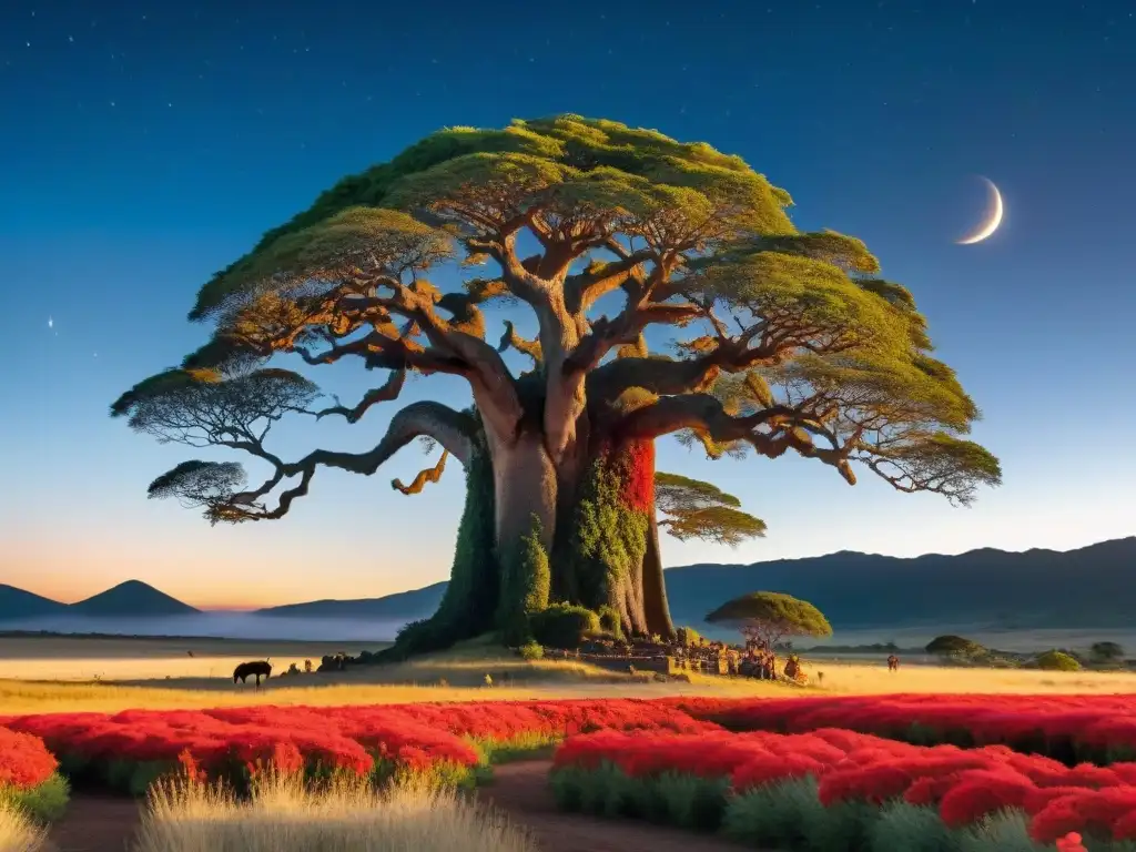 Ceibo ancestral: leyendas y misterio en la noche uruguaya Un Ceibo mítico bajo la luna en la campiña uruguaya, con guerreros Charrúas y sus leyendas en la noche estrellada